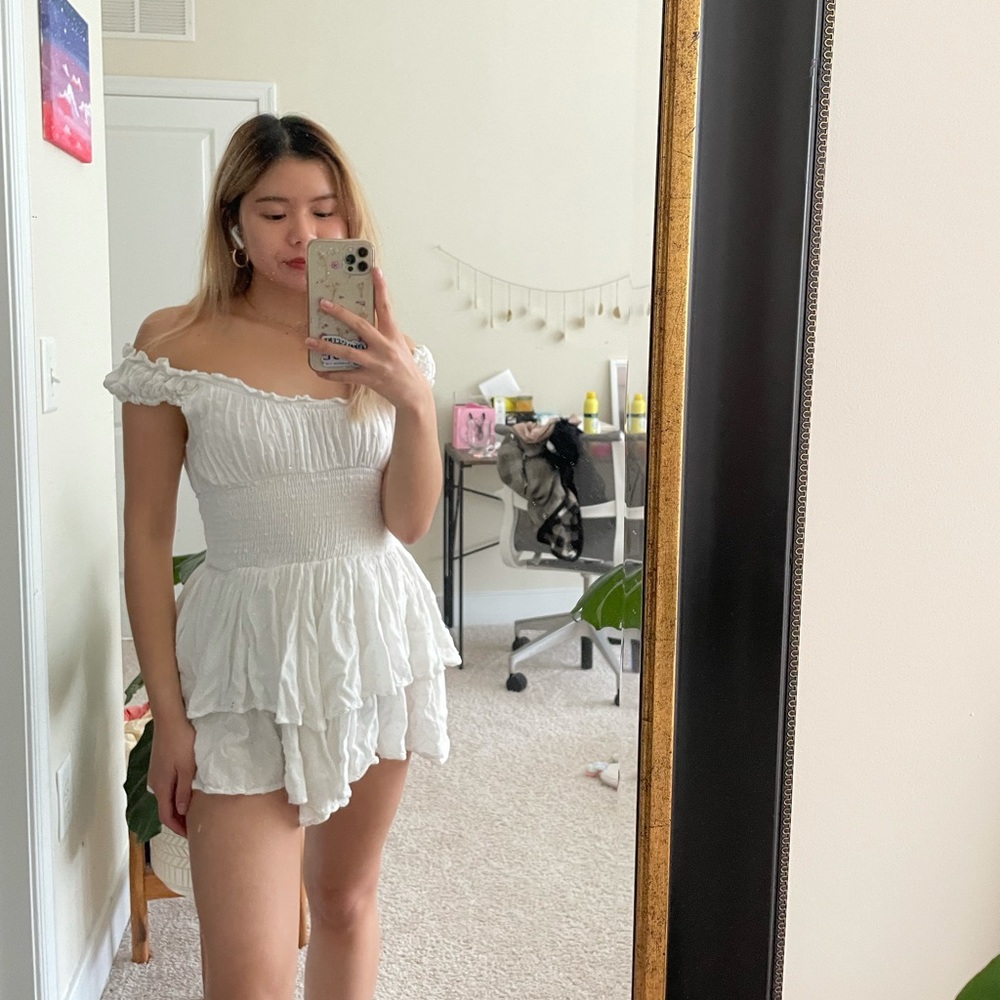 white ruffle off shoulder romper